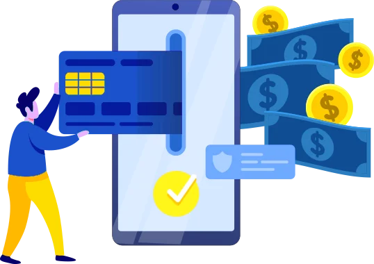 Ilustração do app no celular com cartão de crédito